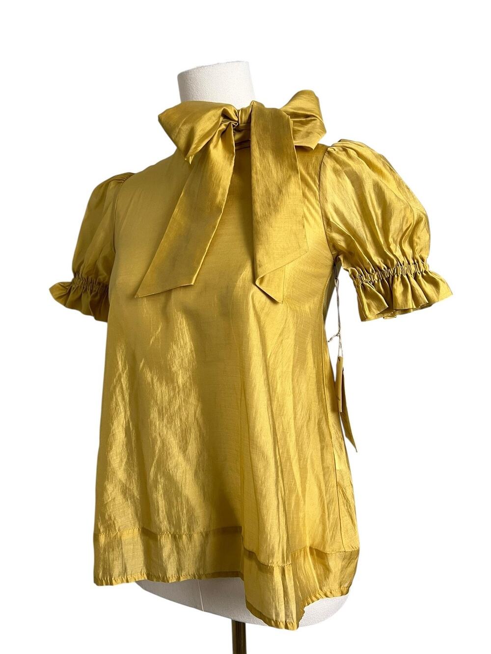 Carbon Soldier Botterbrush Blouse Girls 7 Gold Bow Neck Puff Sleeve Top NWT